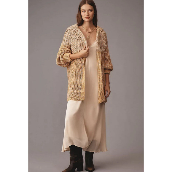 Anthropologie Maeve Oversized Collar Cardigan Sweater M Gold Shimmer Holiday NWT - Picture 1 of 16